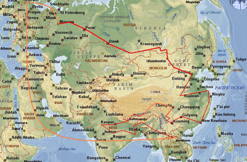 Route van Aziereis door Mongolie, China, Tibet, Nepal, Bhutan, India, Myanmar
