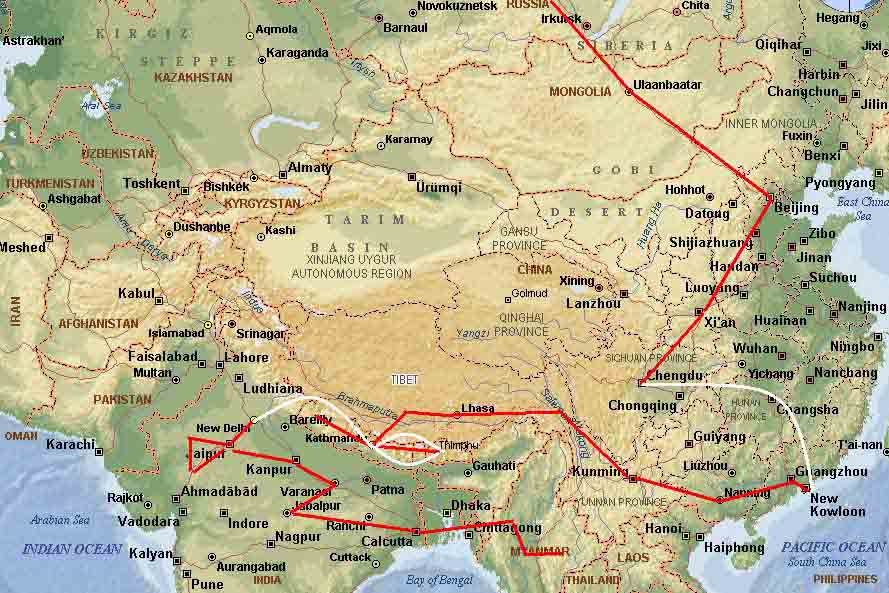 Route van Aziereis door Mongolie, China, Tibet, Nepal, Bhutan, India, Myanmar